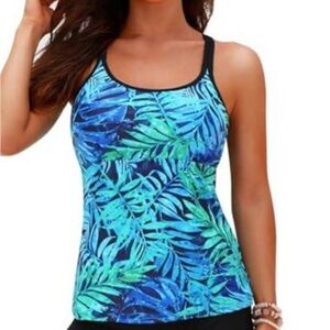 Women’s Blue Tropical Leaf Swim Tank Top